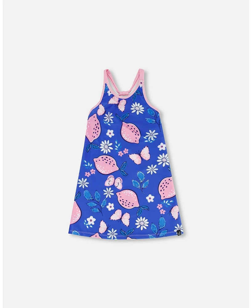 Girl Beach Dress Royal Blue Printed Pink Lemon - Child