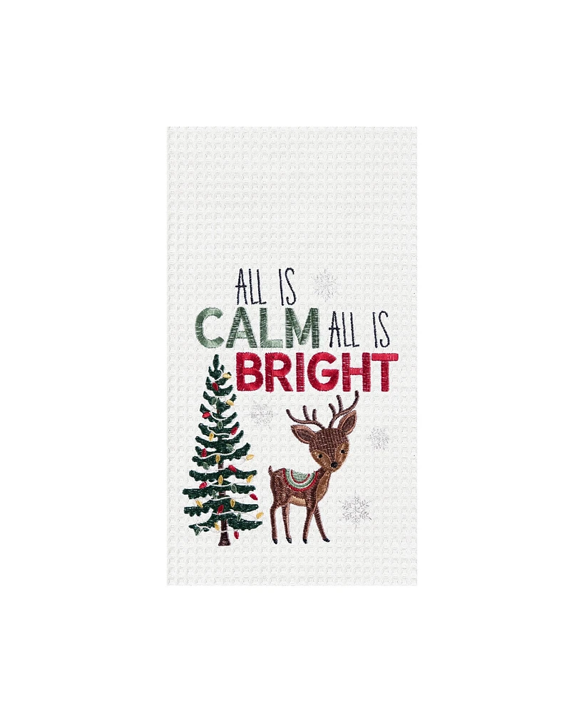 C&F Home 27" x 18" Christmas Holiday "All is Calm All is Bring" Sentiment with Reindeer Embroidered Waffle Weave Cotton Kitchen DishTowel