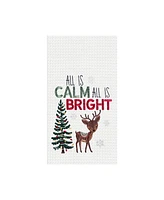 27" x 18" Christmas Holiday "All is Calm All is Bring" Sentiment with Reindeer Embroidered Waffle Weave Cotton Kitchen DishTowel