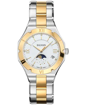 Balmain Women's Swiss Be Balmain Moonphase Diamond (1/20 ct. t.w.) Two-Tone Stainless Steel Bracelet Watch 33mm