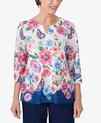 Alfred Dunner Petite Full Bloom Floral Butterfly Border Split Neck Top