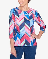 Alfred Dunner Petite Full Bloom Triple Notch Neck Geometric Top