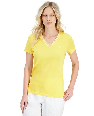 Nautica Jeans Women's Solid Stripe-Trim V-Neck