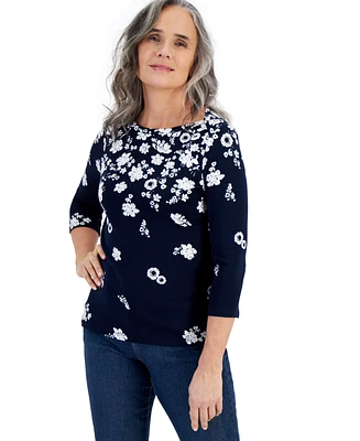 Style & Co Women's Printed Pima Cotton Boat-neck 3/4-Sleeve Top, Created for Macy's