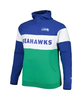 Men's New Era Kelly Green Distressed Seattle Seahawks Big and Tall Throwback Colorblock Raglan Pullover Hoodie