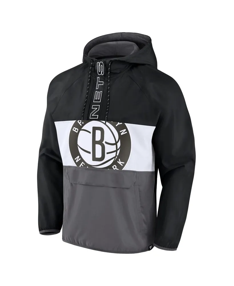 Men's Fanatics Black, Gray Brooklyn Nets Anorak Flagrant Foul Color-Block Raglan Hoodie Half-Zip Jacket