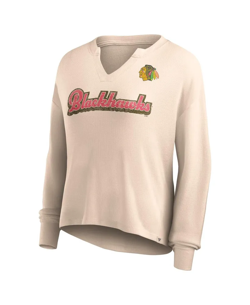 Women's Fanatics Oatmeal Distressed Chicago Blackhawks Go For It Notch Neck Waffle Knit Long Sleeve T-shirt