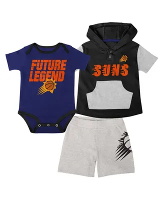 Infant Boys and Girls Purple, Black, Gray Phoenix Suns Bank Shot Bodysuit, Hoodie T-shirt and Shorts Set