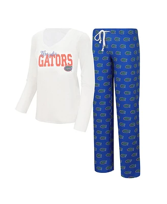 Women's Concepts Sport White, Royal Florida Gators Long Sleeve V-Neck T-shirt and Gauge Pants Sleep Set