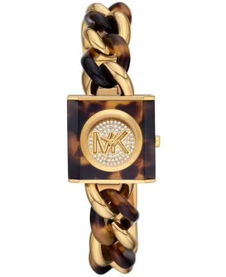 Michael Kors Women's Mk Chain Lock Three-Hand Tortoise and Gold-Tone Stainless Steel Watch 25mm - Two