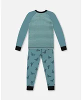 Boy Organic Cotton Long Sleeve Two Piece Pajama Set Teal With Mechanical Dinosaurs Print