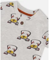 Baby Boy Organic Cotton Top And Short Set Heather Beige With Printed Dog - Infant