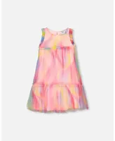 Girl Sleeveless Frills Mesh Dress Rainbow Swirl