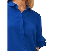 CeCe Women's Short Sleeve Ruffle Button Down Blouse