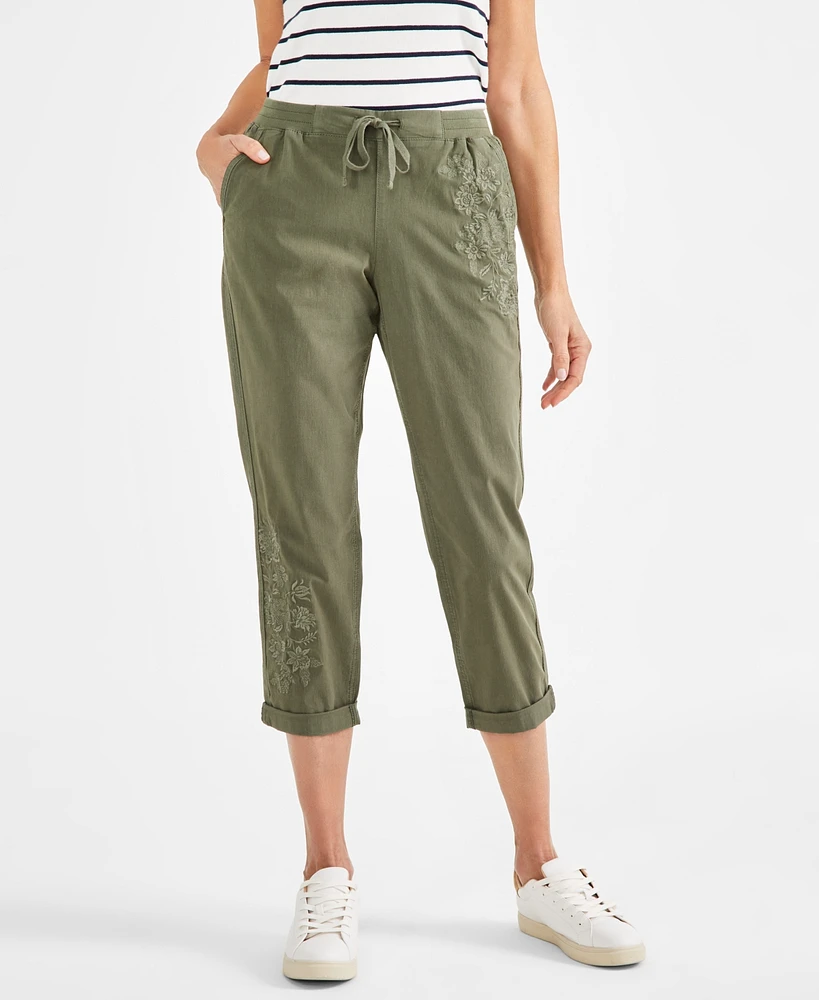 Style & Co Petite Floral-Embroidered Twill-Tape Pants, Created for Macy's