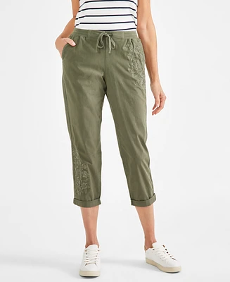 Style & Co Petite Floral-Embroidered Twill-Tape Pants, Created for Macy's