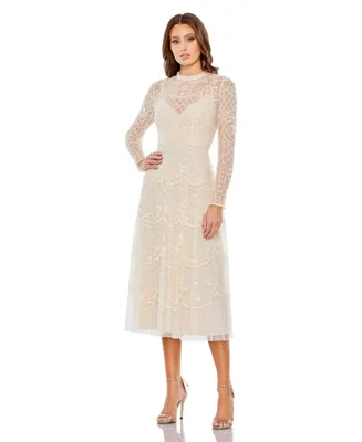 Women's Sequined Illusion High Neck Long Sleeve Midi Dress