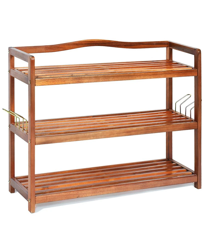 3-Tier Acacia Wood Shoe Rack with Side Metal Hooks