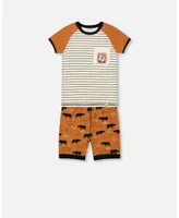 Boy Organic Cotton Two Piece Short Pajama Set Caramel Printed Rhinoceros