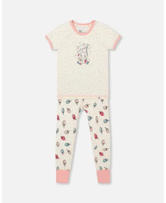 Girl Organic Cotton Two Piece Pajama Set Off White Printed Strawberry