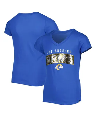Big Girls New Era Royal Los Angeles Rams Reverse Sequin Wordmark V-Neck T-shirt