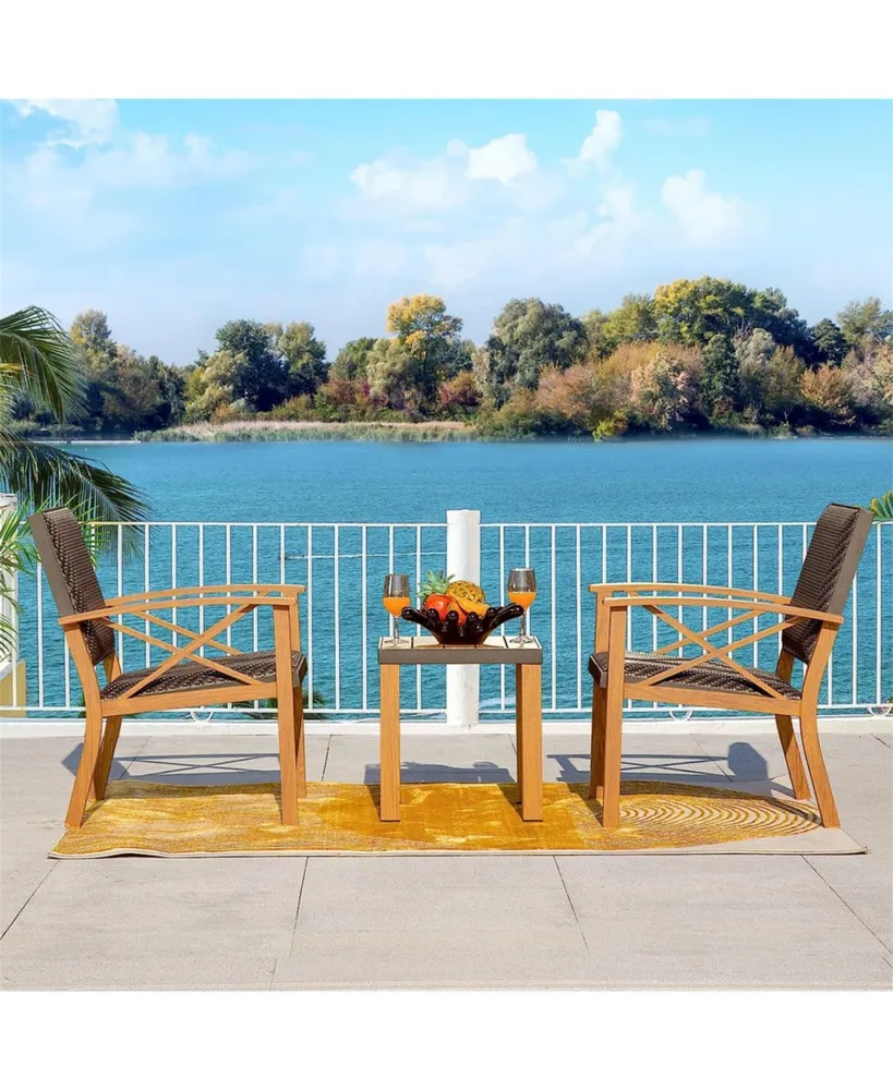 Simplie Fun 3-Piece Patio Bistro Set with Wood Grain Aluminum Wicker & Beige Sunbrella Pillows