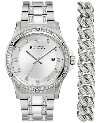 Bulova Men's Crystal Stainless Steel Bracelet Watch 42mm Gift Set - Silver