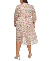 Tommy Hilfiger Plus Size Floral Chiffon 3/4-Sleeve Midi Dress