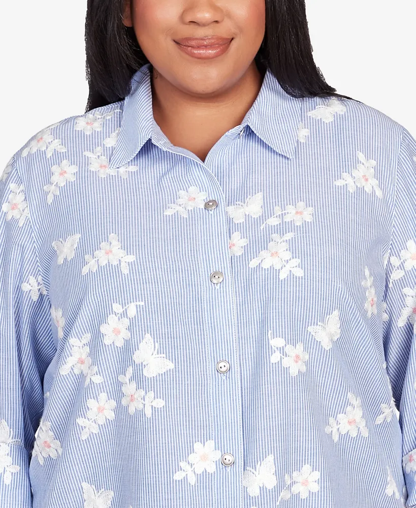 Alfred Dunner Plus Full Bloom Embroidered Butterfly Stripe Button Down Top