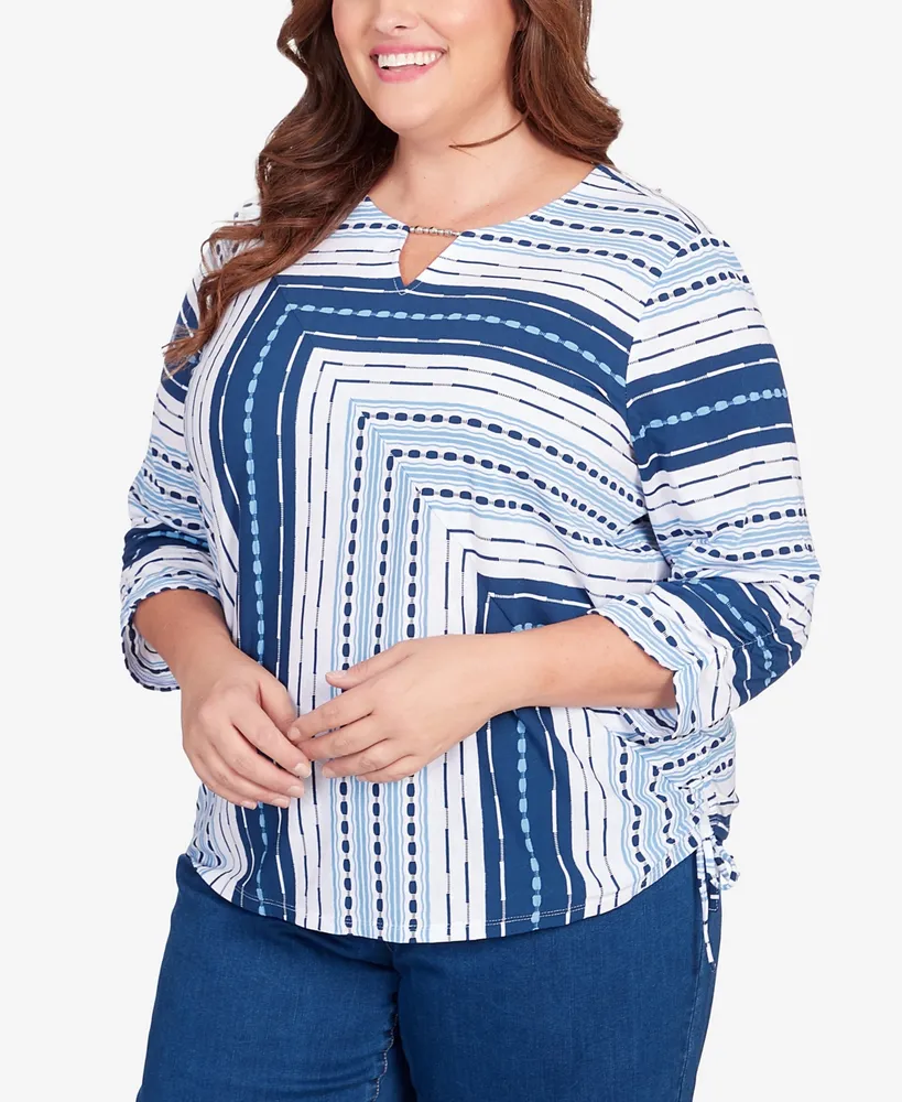 Alfred Dunner Plus Full Bloom Spliced Texture Stripe Side Tie Top