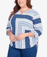 Alfred Dunner Plus Size In Full Bloom Spliced Texture Stripe Side Tie Top