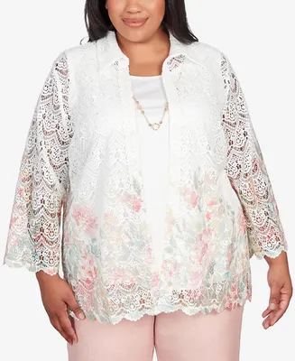Alfred Dunner Plus Size English Garden Floral Border Lace Two in One Top with Necklace