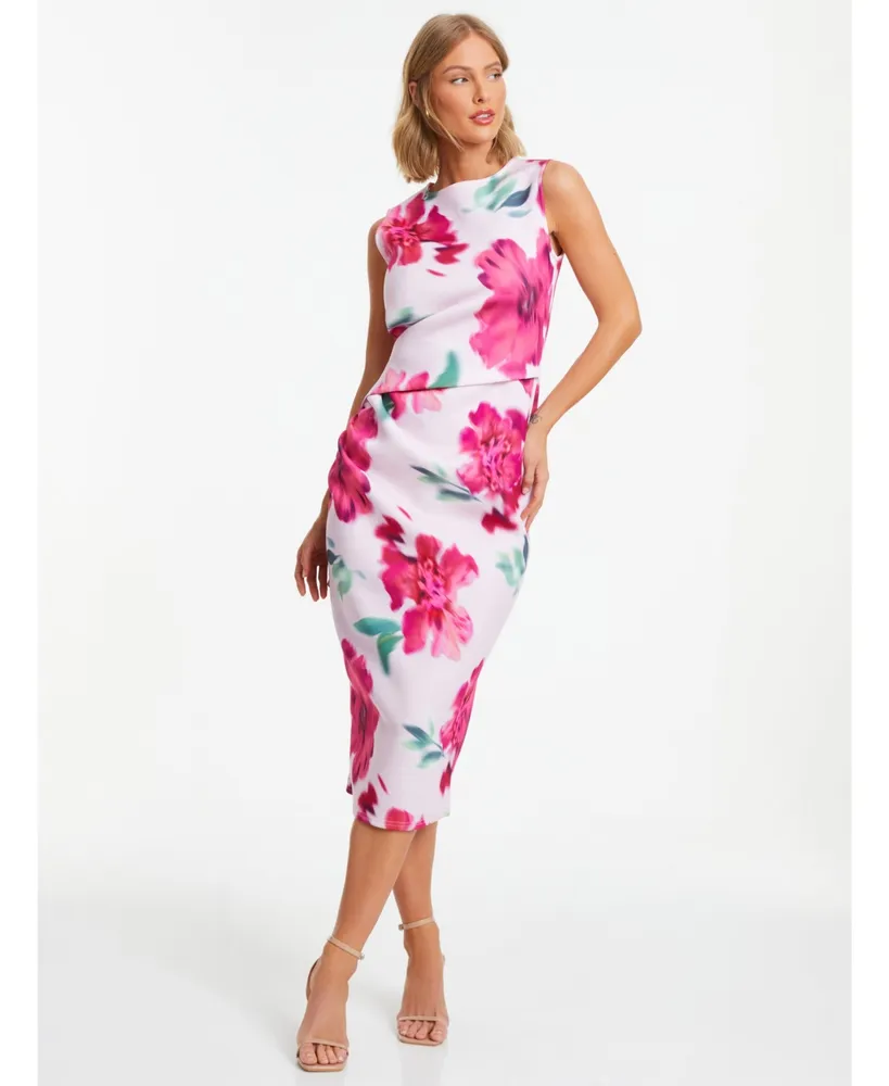 Quiz Women's Scuba Crepe Floral Round Neck Midi Dress