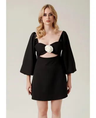 Nana'S Women's Bell sleeve cut out black mini dress with rose detail