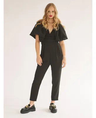 Nana'S Women's Puffed sleeve jumpsuit with V-neck and pleated front open back