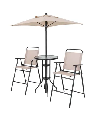 4PCS Patio Bistro Set Folding Counter Height Chairs Round Bar Table& Umbrella