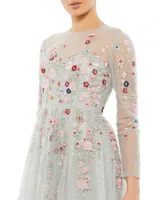 Women's Embroidered Illusion High Neck Long Sleeve A Line Gown