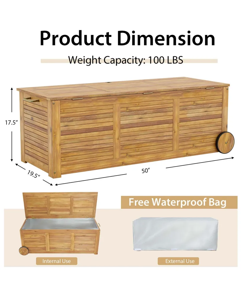 48 Gallon Acacia Wooden Patio Storage Deck Box Outdoor Storage Box with Wheels