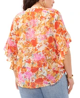 Vince Camuto Plus Size Floral Pintuck V-Neck 3/4- Flutter-Sleeve Blouse