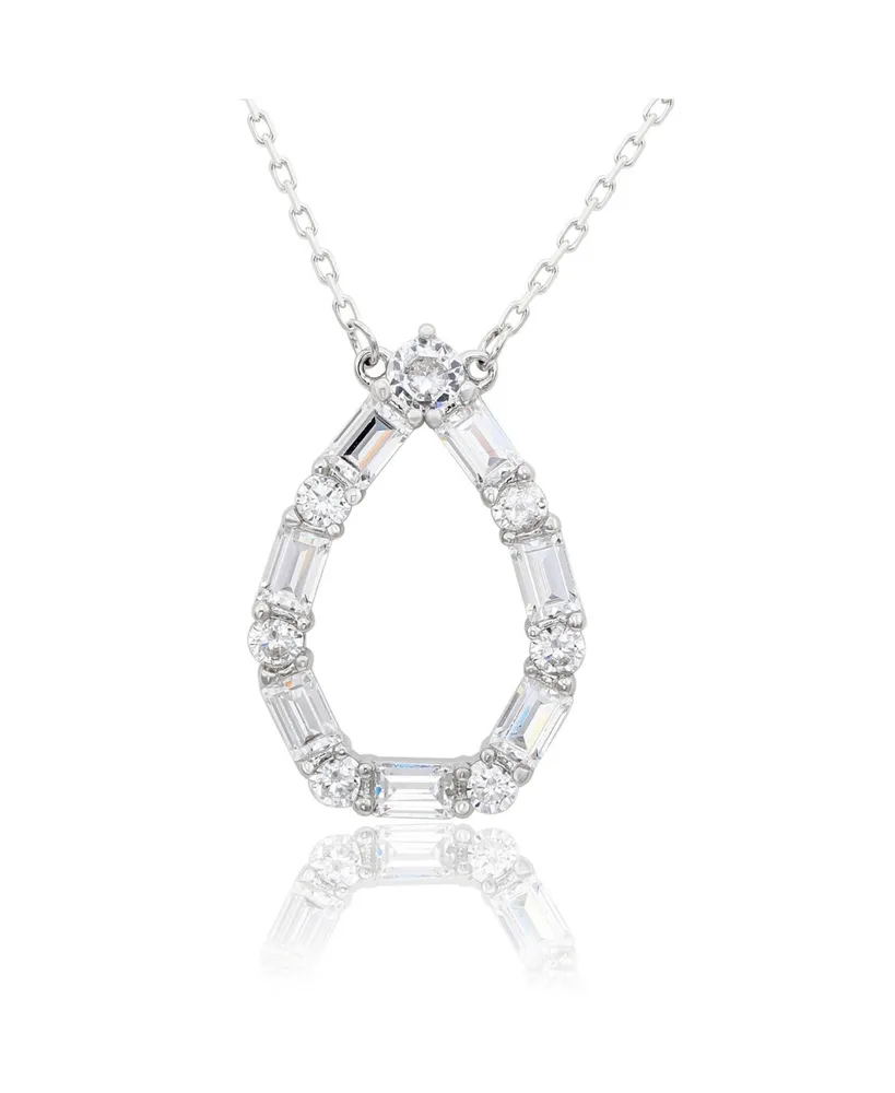 Suzy Levian New York Suzy Levian Sterling Silver Cubic Zirconia Alternating Round & Baguette Open Tear Drop Pendant Necklace