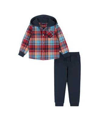 Infant Boys Navy & Red Plaid Hooded Flannel Set