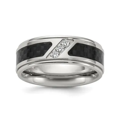 Chisel Stainless Steel Black Carbon Fiber Inlay and Cz Band Ring