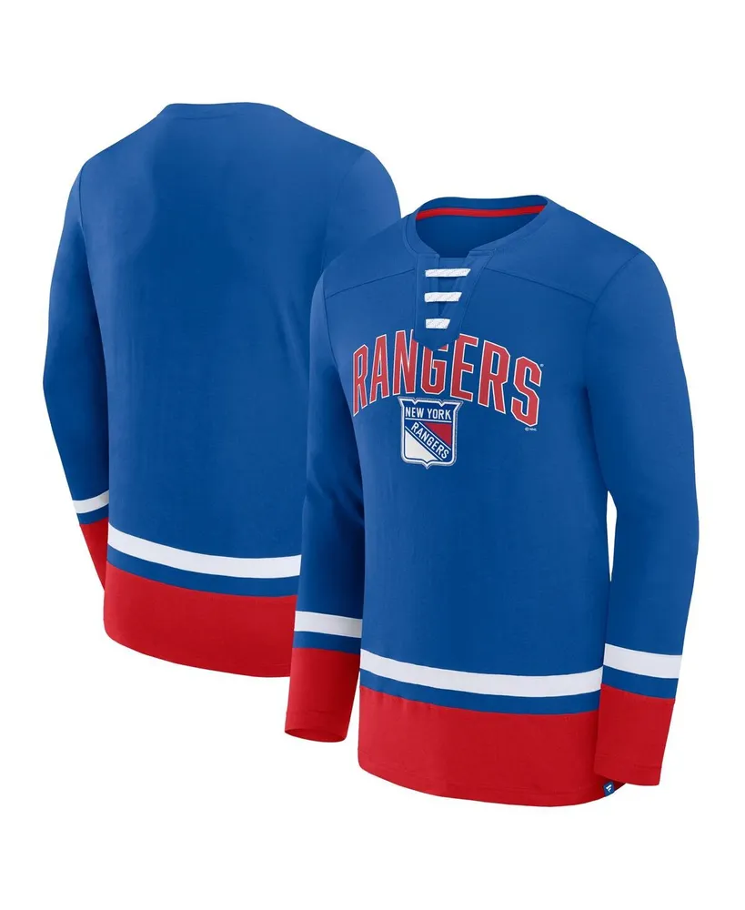 Men's Fanatics Blue New York Rangers Back Pass Lace-Up Long Sleeve T-shirt