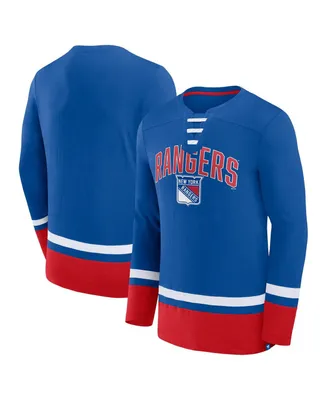 Men's Fanatics Blue New York Rangers Back Pass Lace-Up Long Sleeve T-shirt