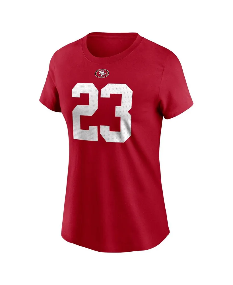 Women's Nike Christian McCaffrey Scarlet San Francisco 49ers Player Name and Number T-shirt