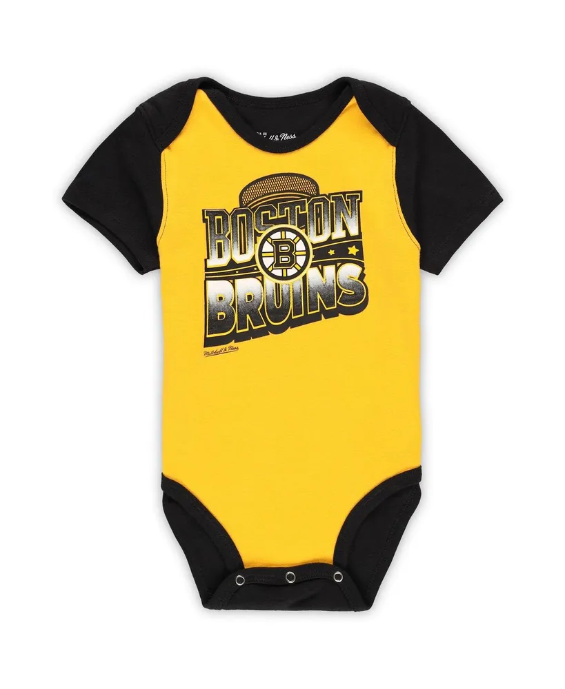 Infant Boys and Girls Mitchell & Ness Gold, Black Boston Bruins Big Score 3-Pack Bodysuit, Bib and Bootie Set