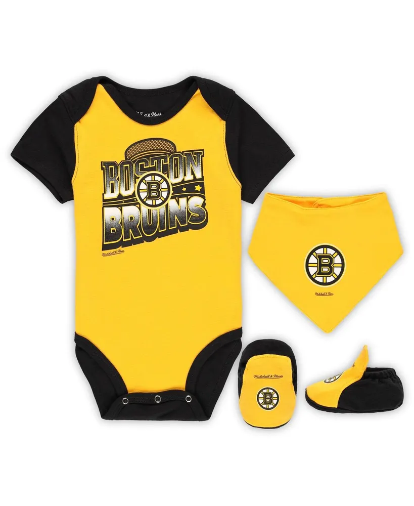 Infant Boys and Girls Mitchell & Ness Gold, Black Boston Bruins Big Score 3-Pack Bodysuit, Bib and Bootie Set