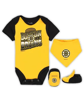 Infant Boys and Girls Mitchell & Ness Gold, Black Boston Bruins Big Score 3-Pack Bodysuit, Bib and Bootie Set