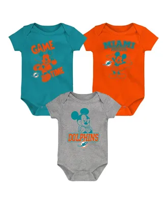 Newborn and Infant Boys and Girls Aqua, Orange, Gray Miami Dolphins Three-Piece Disney Game Time Bodysuit Set