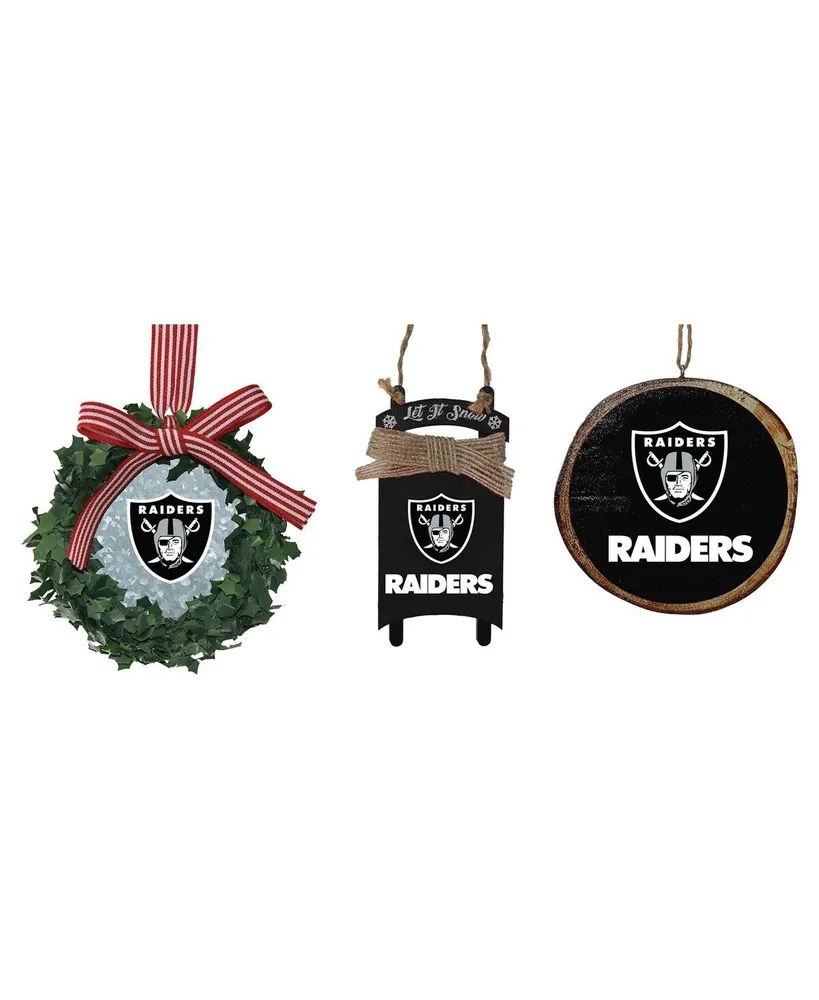 The Memory Company Las Vegas Raiders Three-Pack Wreath, Sled and Circle Ornament Set